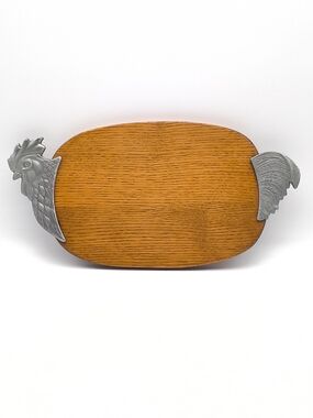 Rooster Charcuterie Serving Board/Trivet - Solid Oak & CEF France Metal Handles